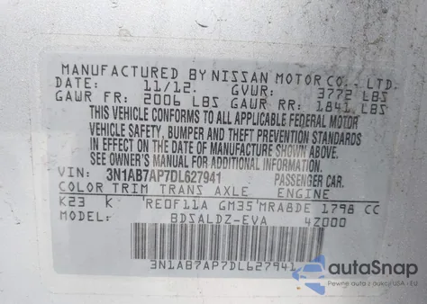 2013 Nissan Sentra Sv from USA, damaged, VIN 3N1AB7AP7DL627941